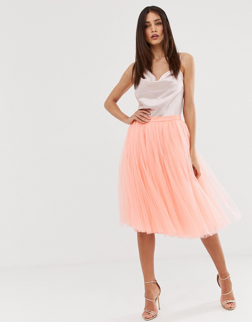 Little Mistress tulle midi prom skirt in coral