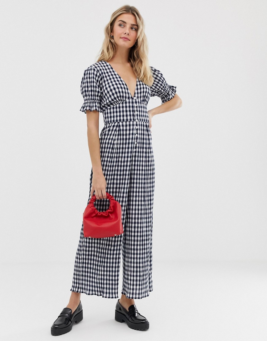 ASOS DESIGN gingham jumpsuit with puff sleeves