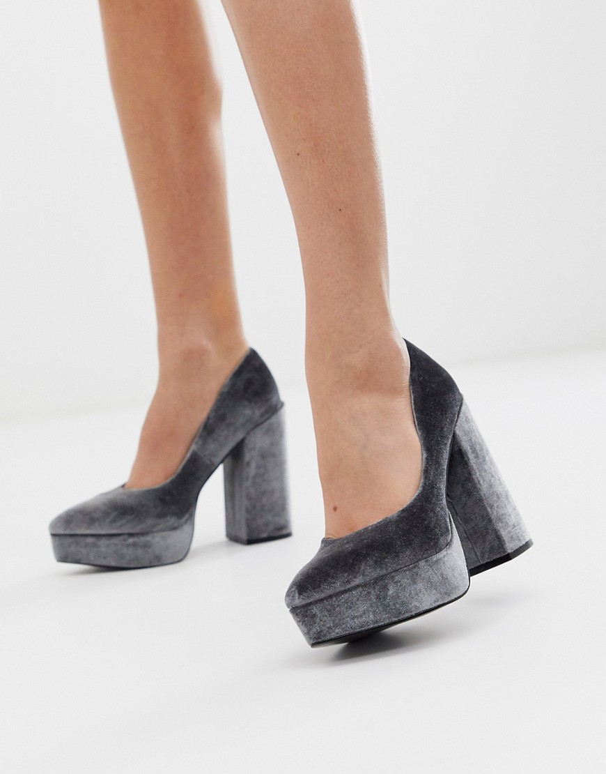 ASOS DESIGN Prime chunky platform high heeled court shoes in grey velvet