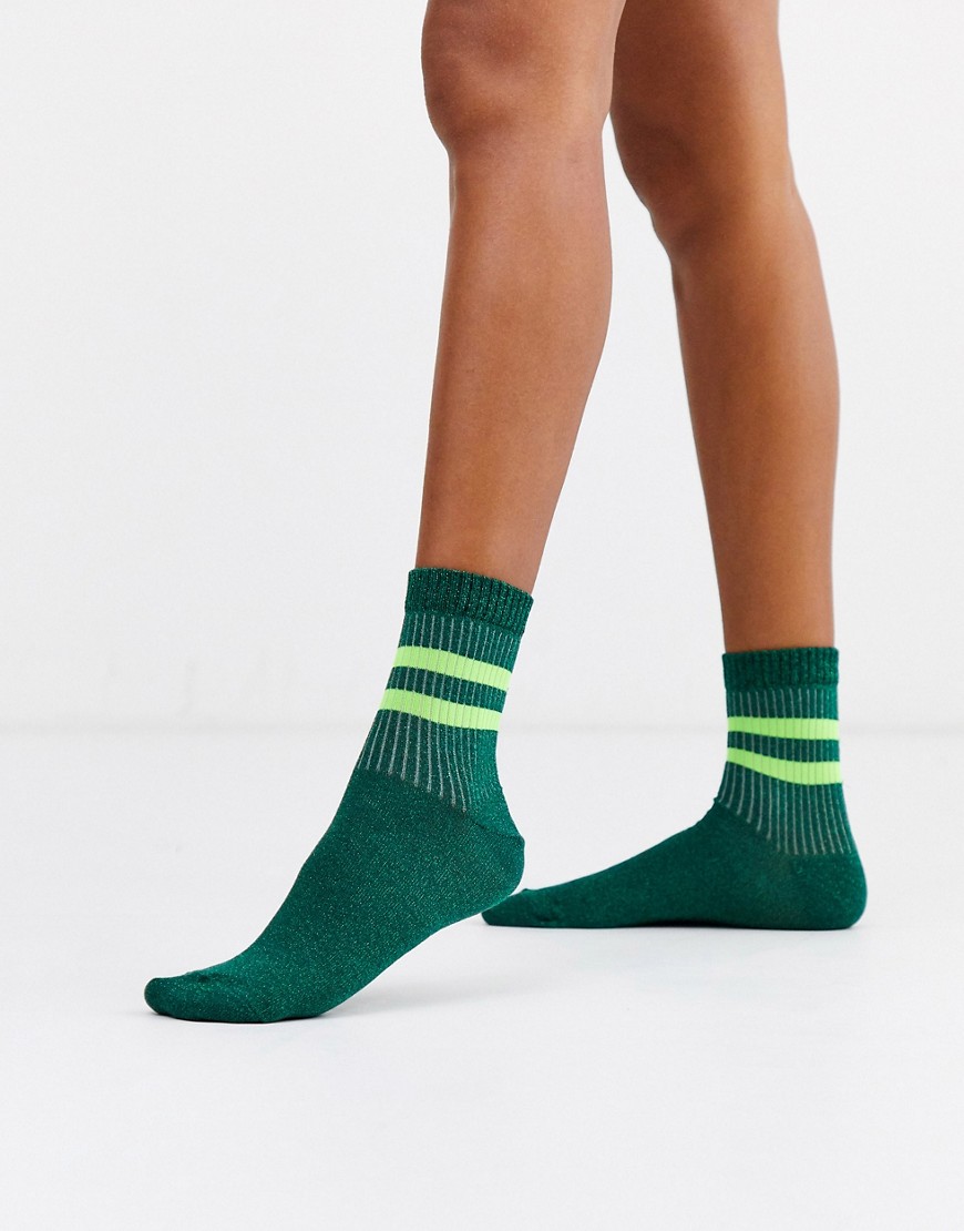 ASOS DESIGN glitter rib stripe ankle socks in green and neon