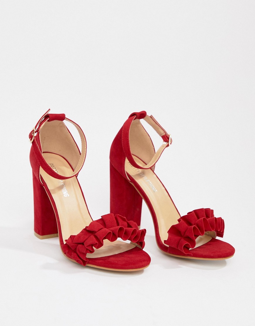 PrettyLittleThing ruffle block heeled sandals in red - Red