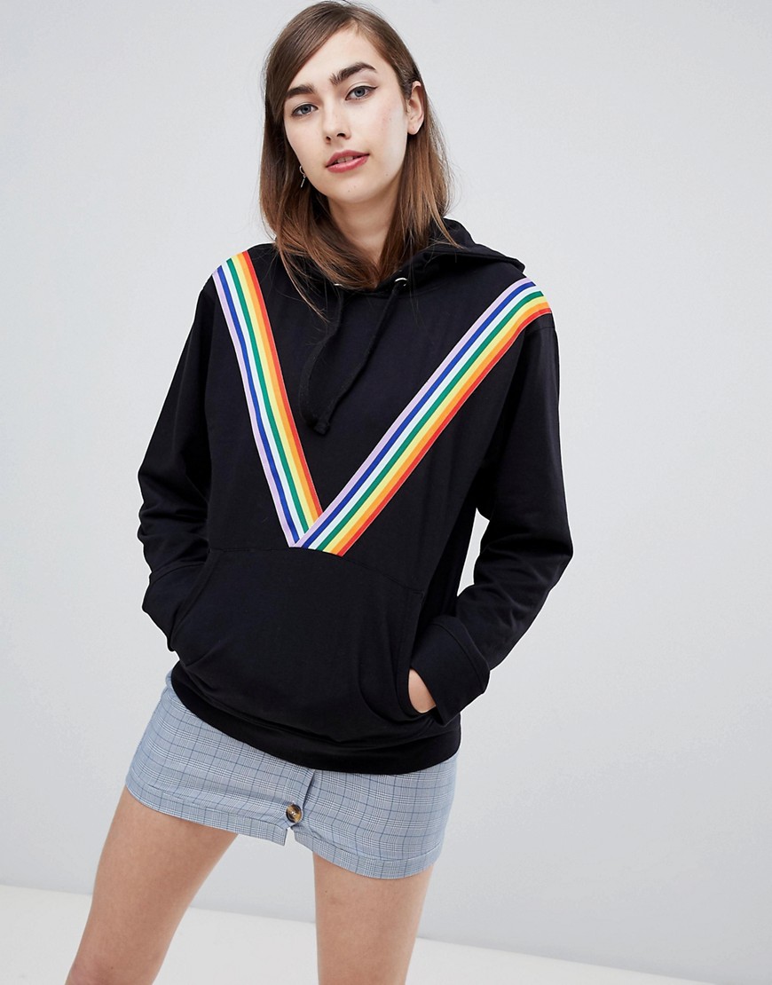Daisy Street Hoodie with Chevron Rainbow Stripe - Black
