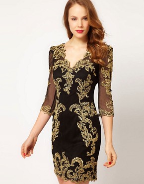 Karen Millen Black Contrast Gold Baroque Embroidered Mini Lace Party ...