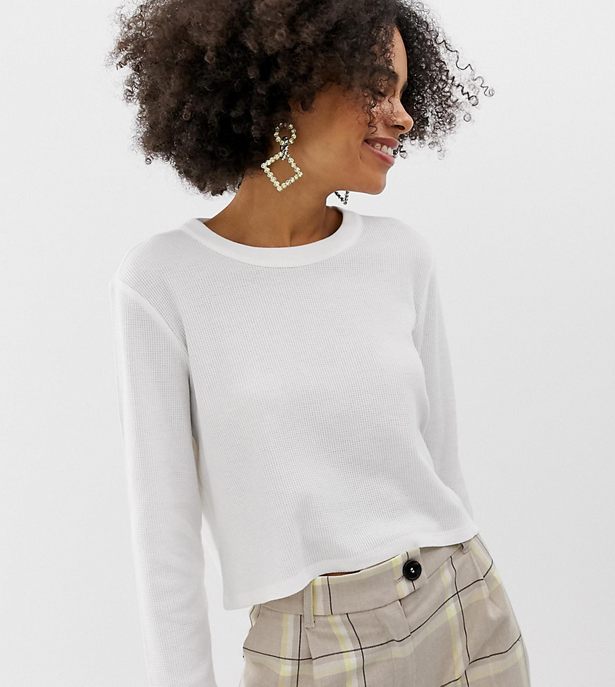 Monki long sleeve top with waffle texture in white