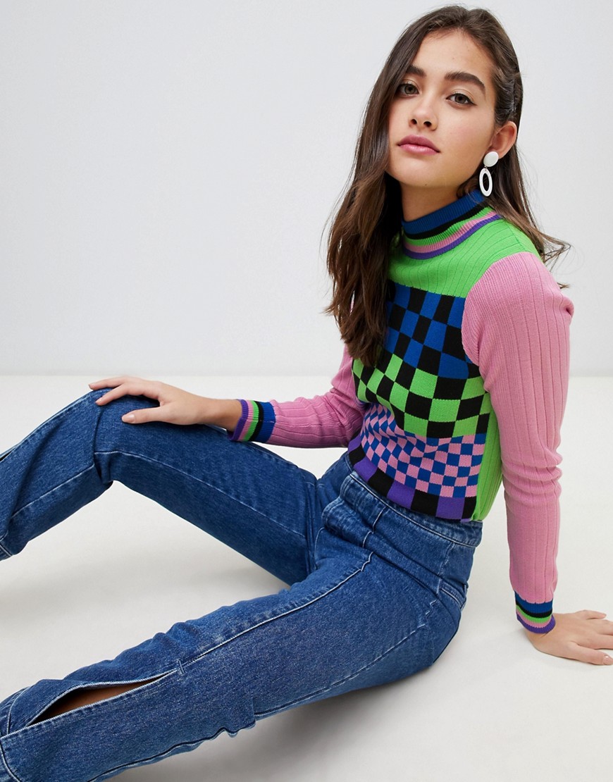 ASOS DESIGN mixed checkerboard jumper with tipping