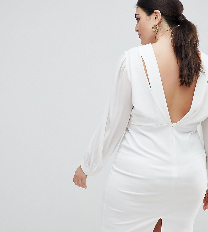 John Zack Plus Open Back Bodycon Dress With Split Sleeve Detail - White