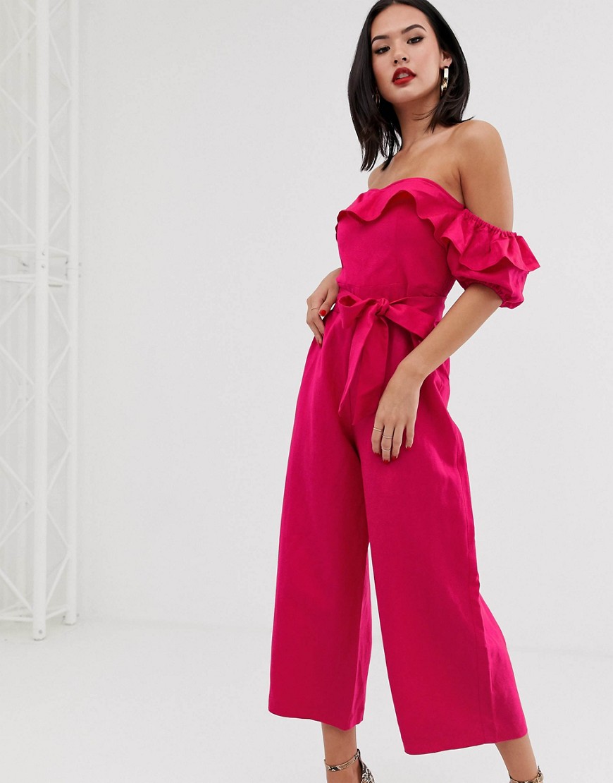 Forever New bardot belted jumpsuit in fuschia