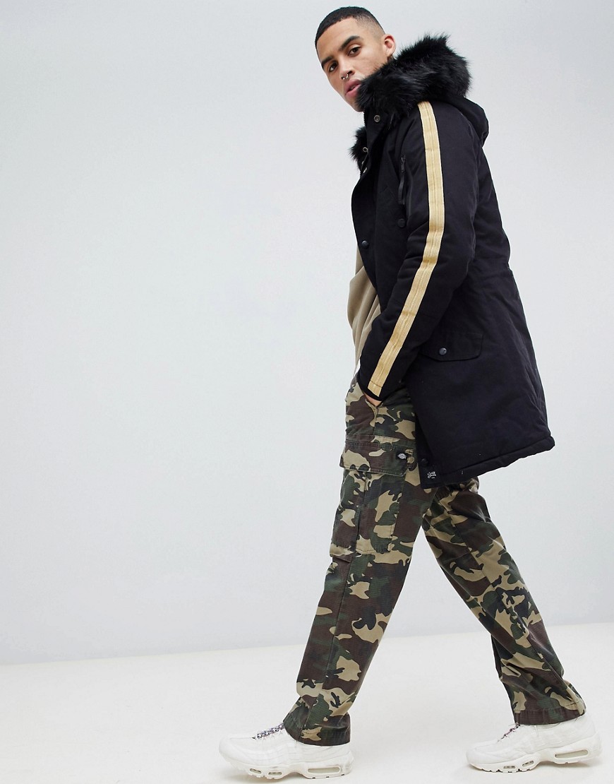 Sixth June parka coat in black with taping detail