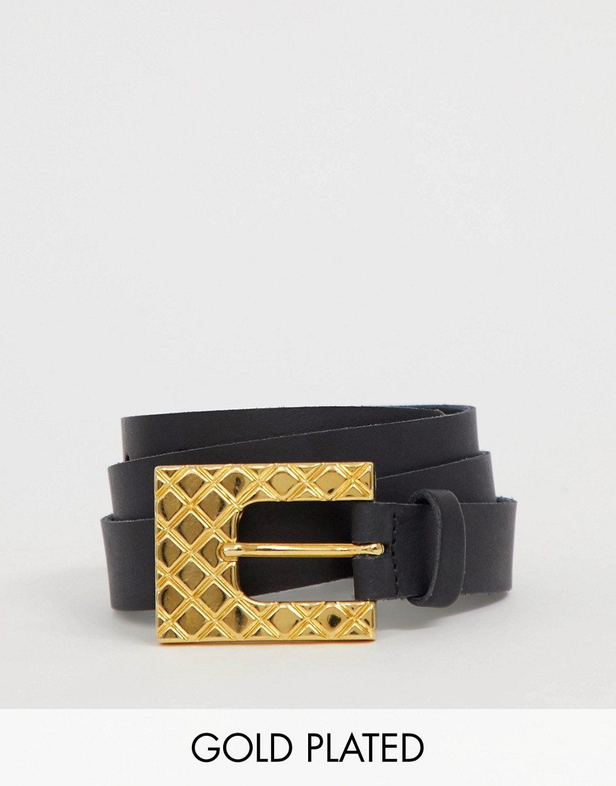 Retro Luxe 18K gold plated quilted effect buckle leather belt