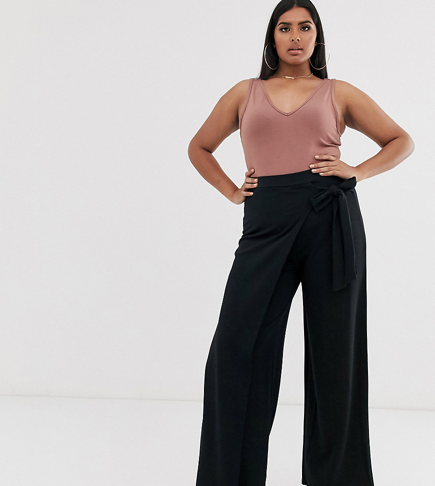 PrettyLittleThing Plus wide leg trouser with wrap detail in black
