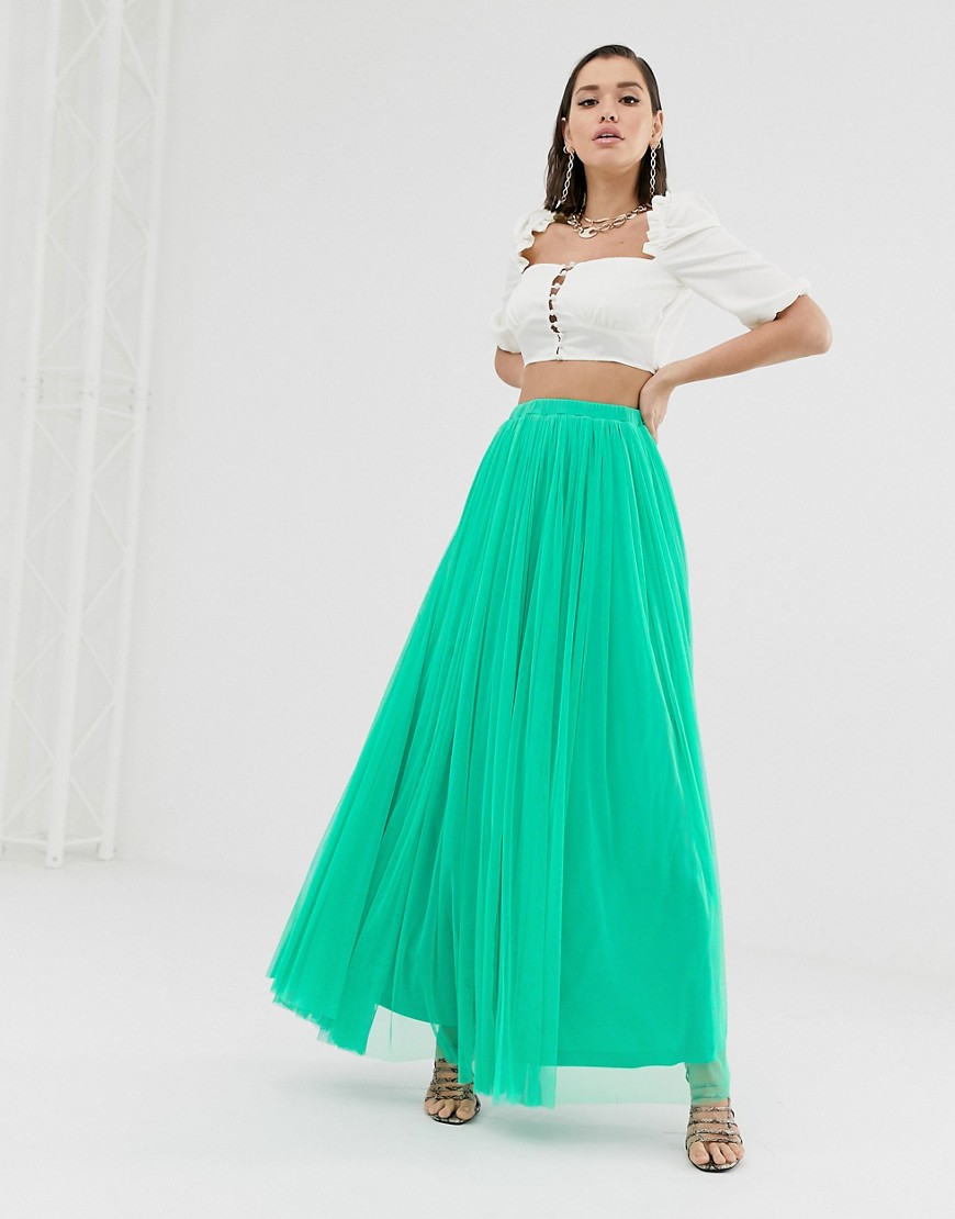 Lace & Beads tulle maxi skirt in green