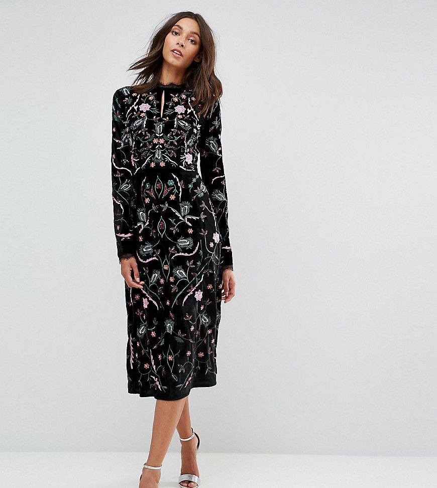 Frock And Frill Tall Allover Premium Embroidered Velvet Aline Dress - Black