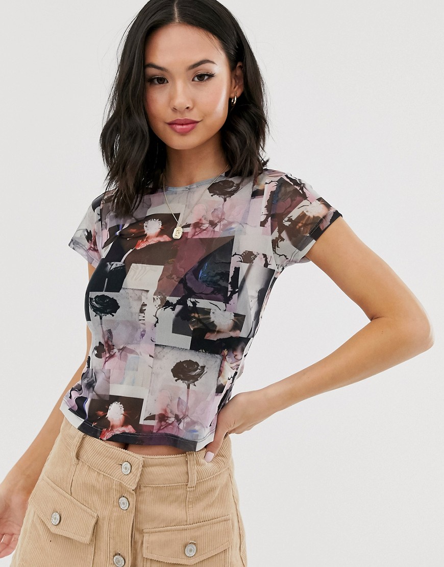 ASOS DESIGN mesh top in photographic floral print with cap sleeve