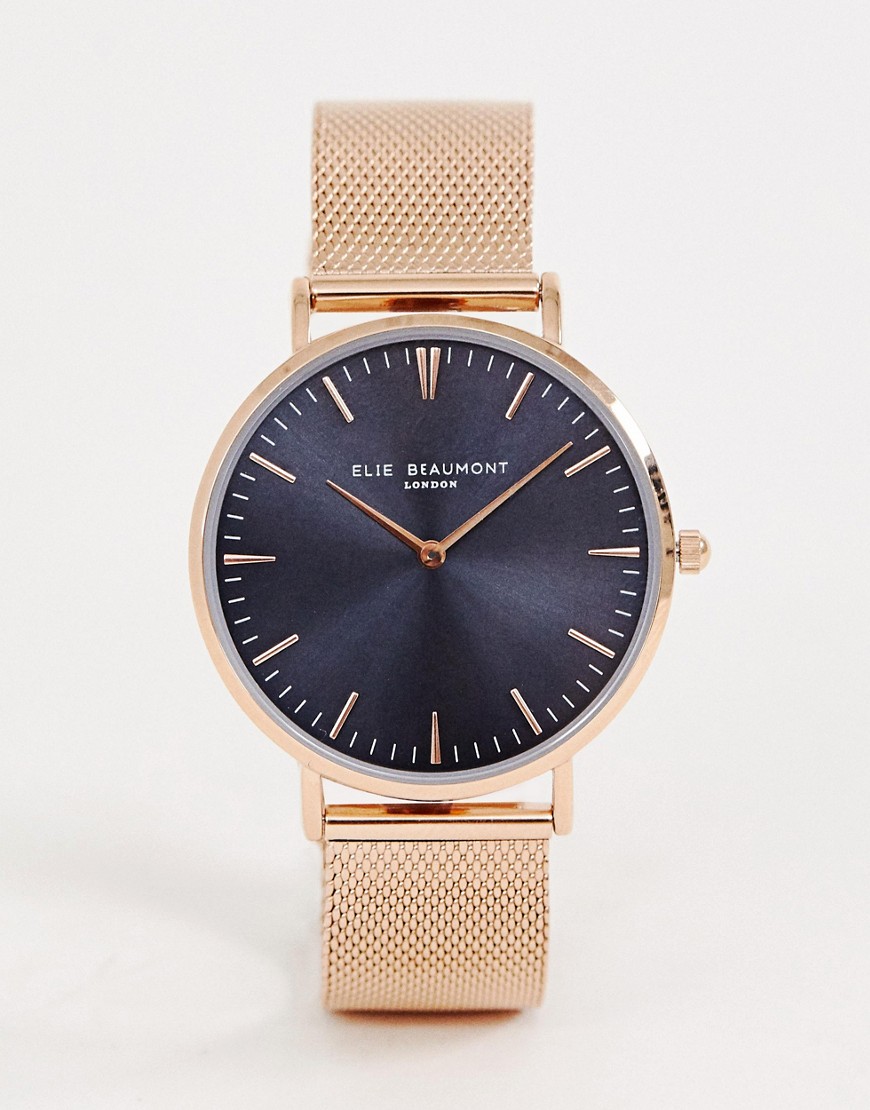 Elie Beaumont rose gold mesh watch with blue dial