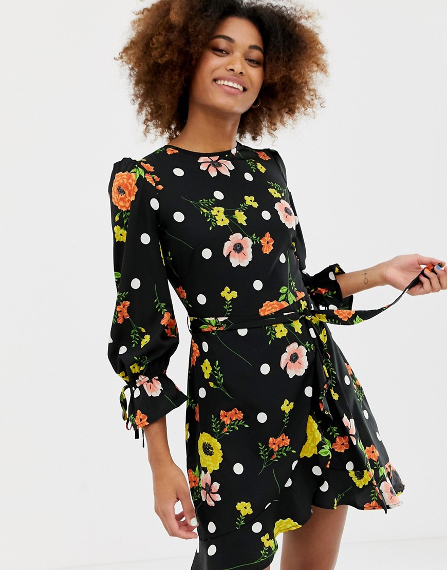 Influence frill skirt back detail dress in floral and spot print
