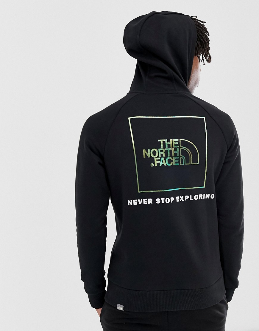 The North Face Raglan Red Box hoodie in black/iridescent