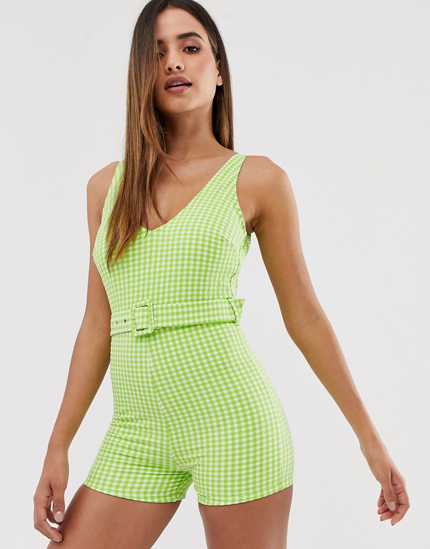 Warehouse x Shrimps swim playsuit with belt in gingham