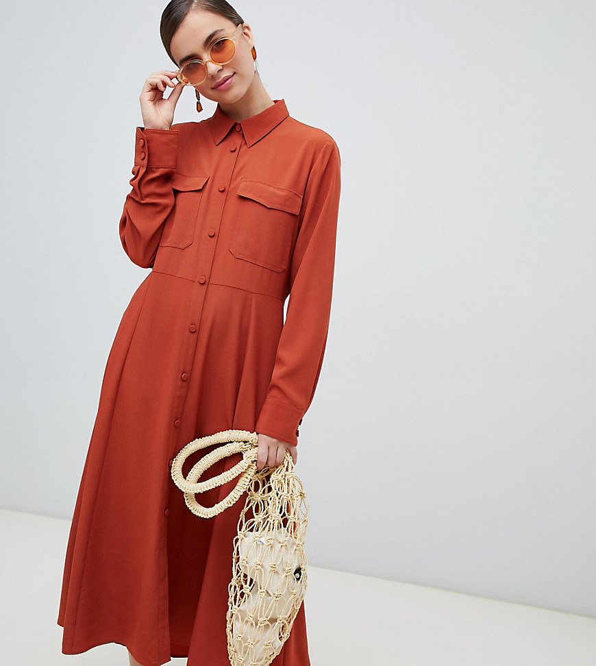 Monki button up midi dress with pockets in rust