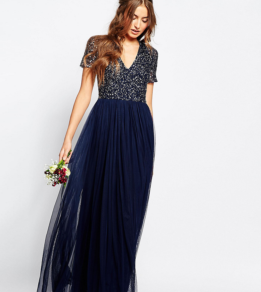Maya Tall V Neck Maxi Tulle Dress With Tonal Delicate Sequins - Navy