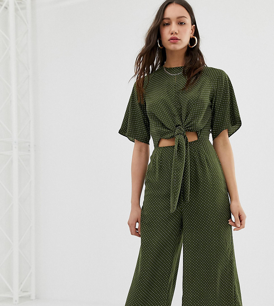 Glamorous Tall relaxed jumpsuit with tie front in spaced spot print