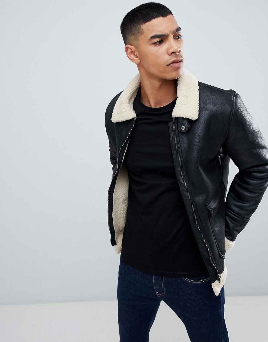 Blend aviator jacket in black faux leather with borg collar - Black