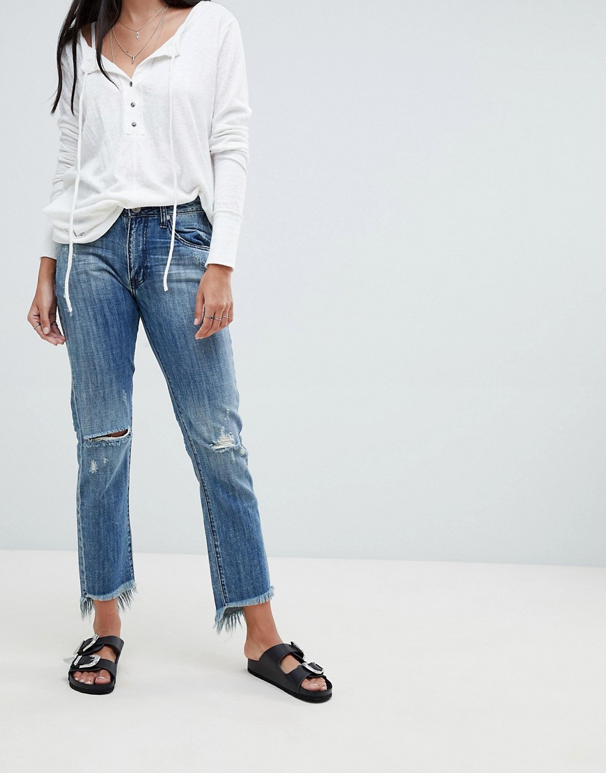 One Teaspoon High Waist Straight Jeans With Rips And Raw Hem