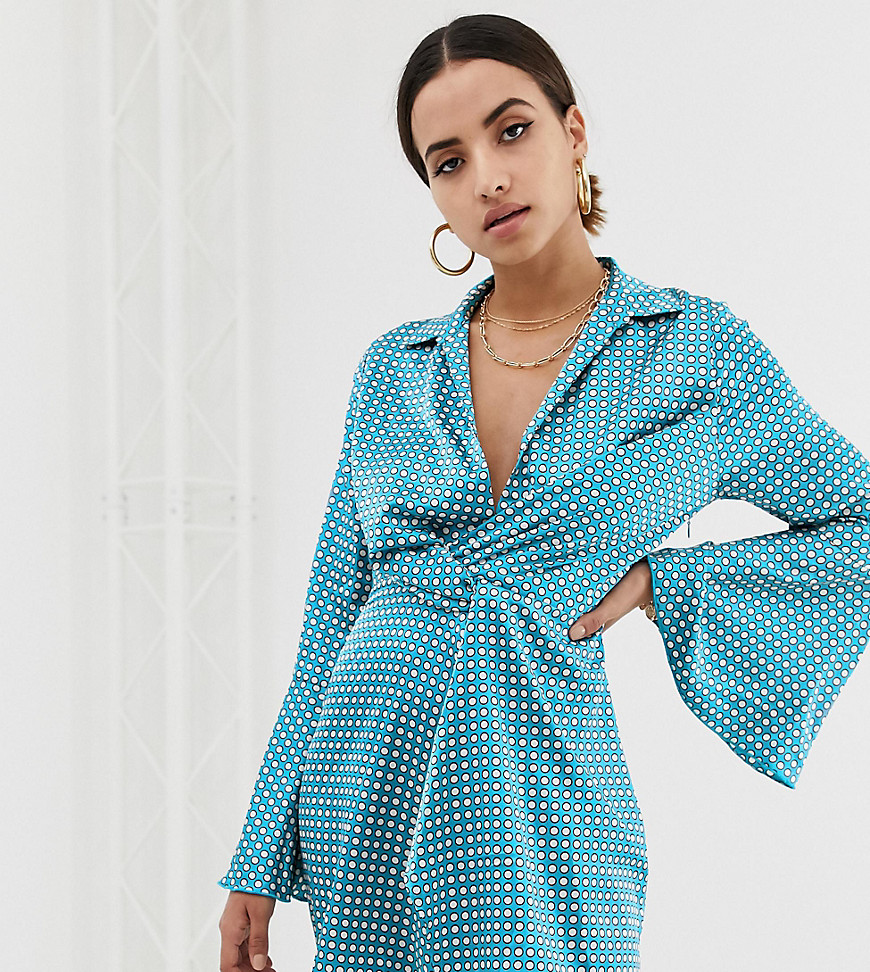 Missguided satin dress with twist front in blue polka dot