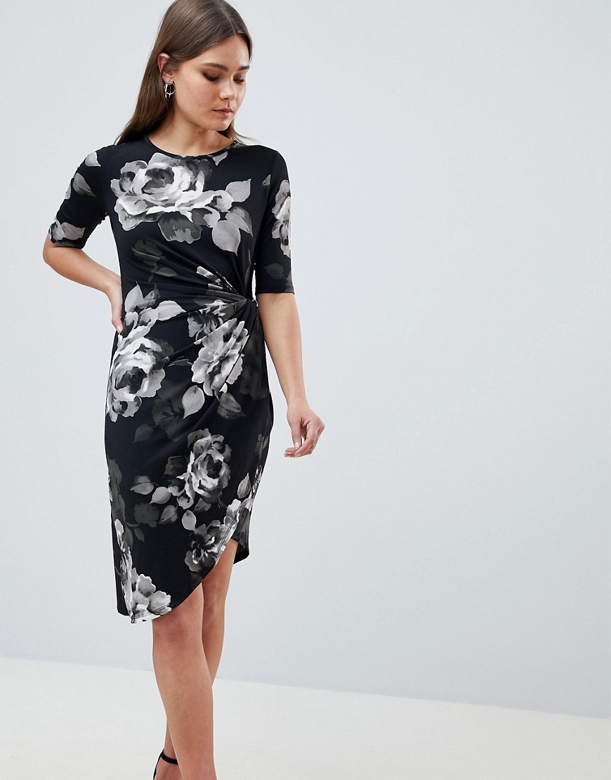 Yumi Floral Asymmetric Wrap Front Dress - Black