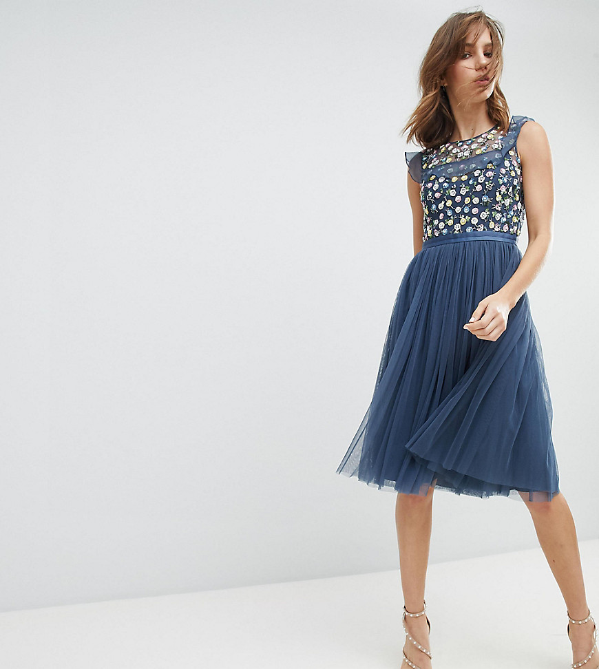 Needle & Thread Midi Dress with Embroidery and Tulle Skirt - Washed indigo