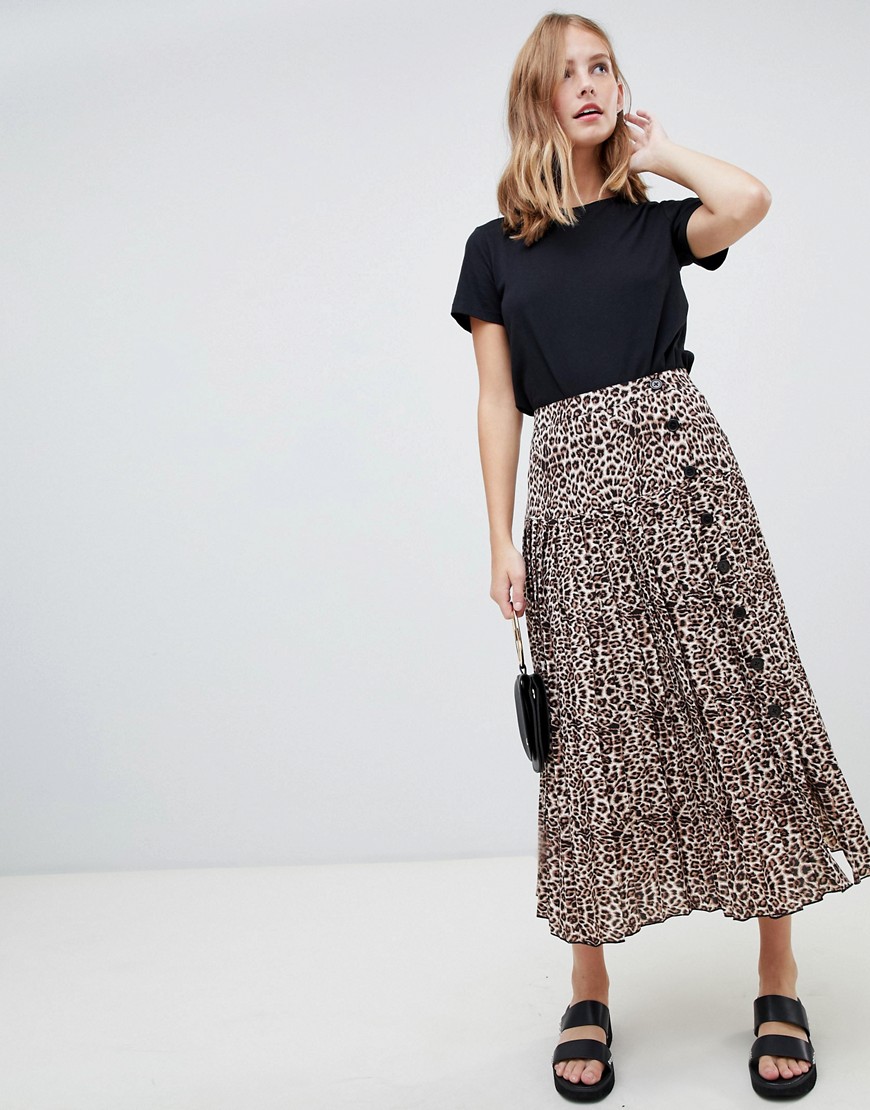 ASOS DESIGN pleated midi skirt with buttons in leopard print