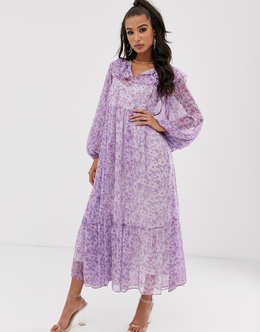 House Of Stars maxi floral smock dress with tie detail and full skirt