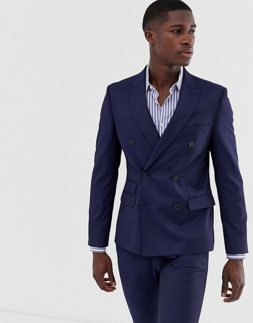 Moss London slim fit double breasted suit jacket with stretch in navy