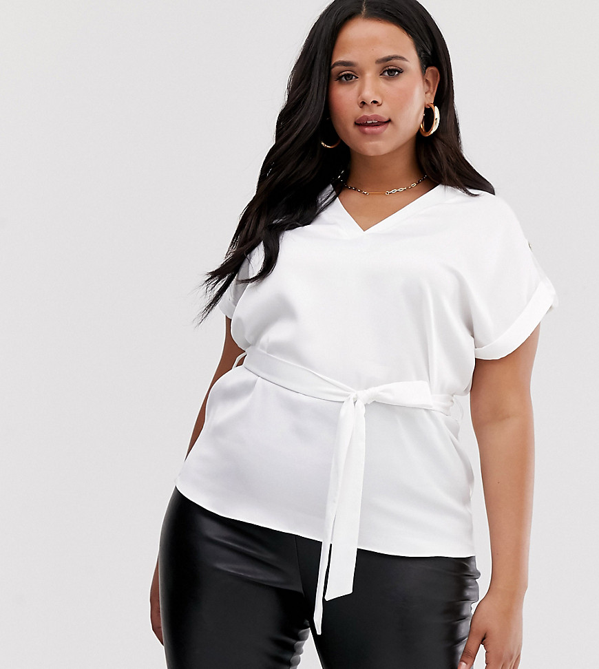 River Island Plus v-neck top with tie belt in white