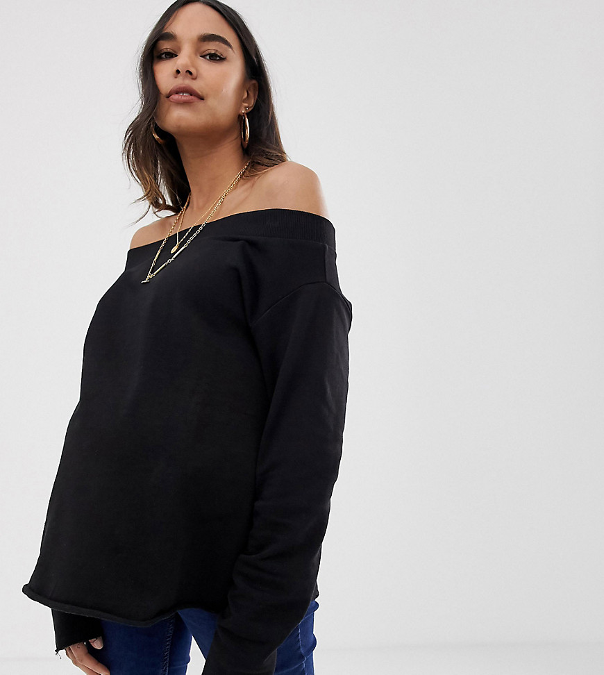 ASOS DESIGN Maternity off shoulder sweatshirt with raw edges in black