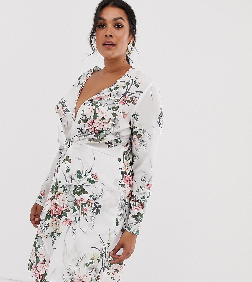 Missguided Plus twist front dress in white floral print