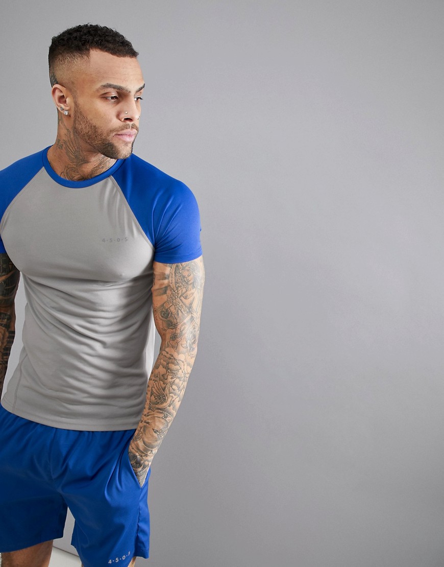 ASOS 4505 Muscle T-Shirt With Quick Dry And Contrast Raglan - Grey/blue