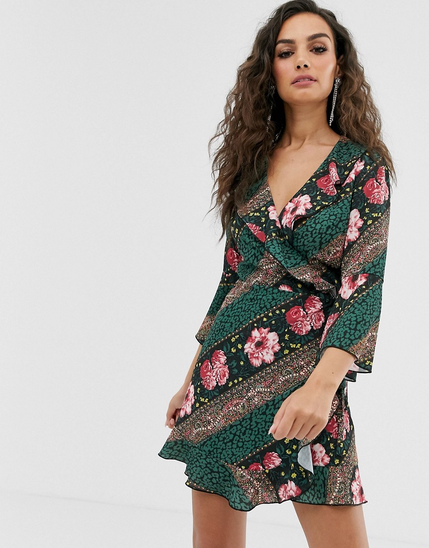 Outrageous Fortune ruffle wrap dress with fluted sleeve in scarf print