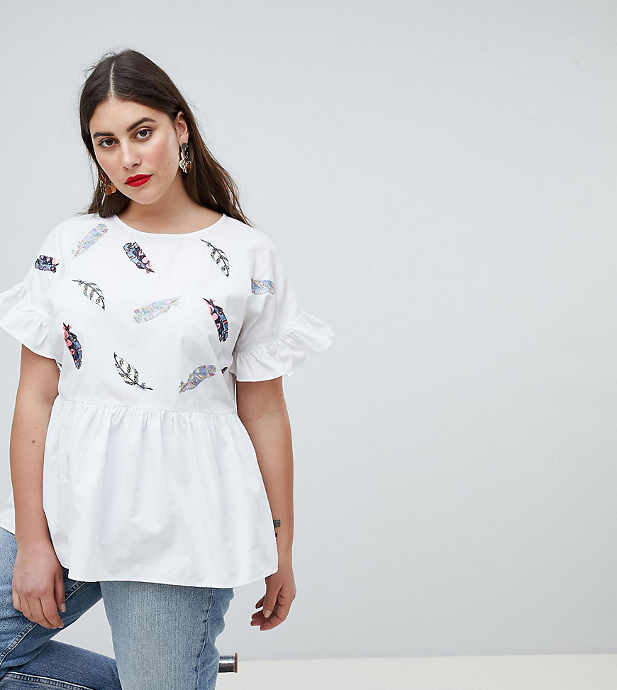 Lost Ink Plus Smock Top With Frill Sleeves And Feather Embroidery - White