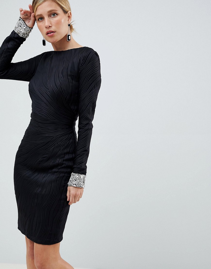Jovani Textured Midi Dress With Encrusted Cuffs - Black