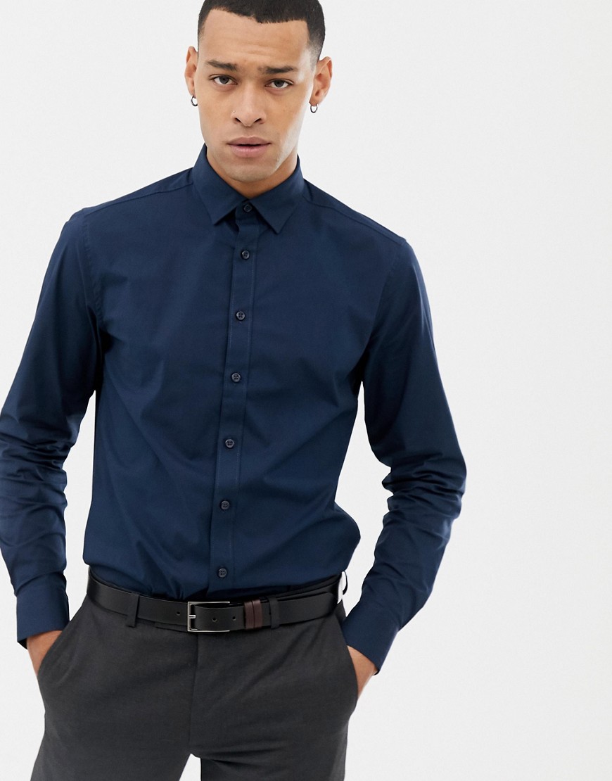 Solid slim fit long sleeve shirt in blue