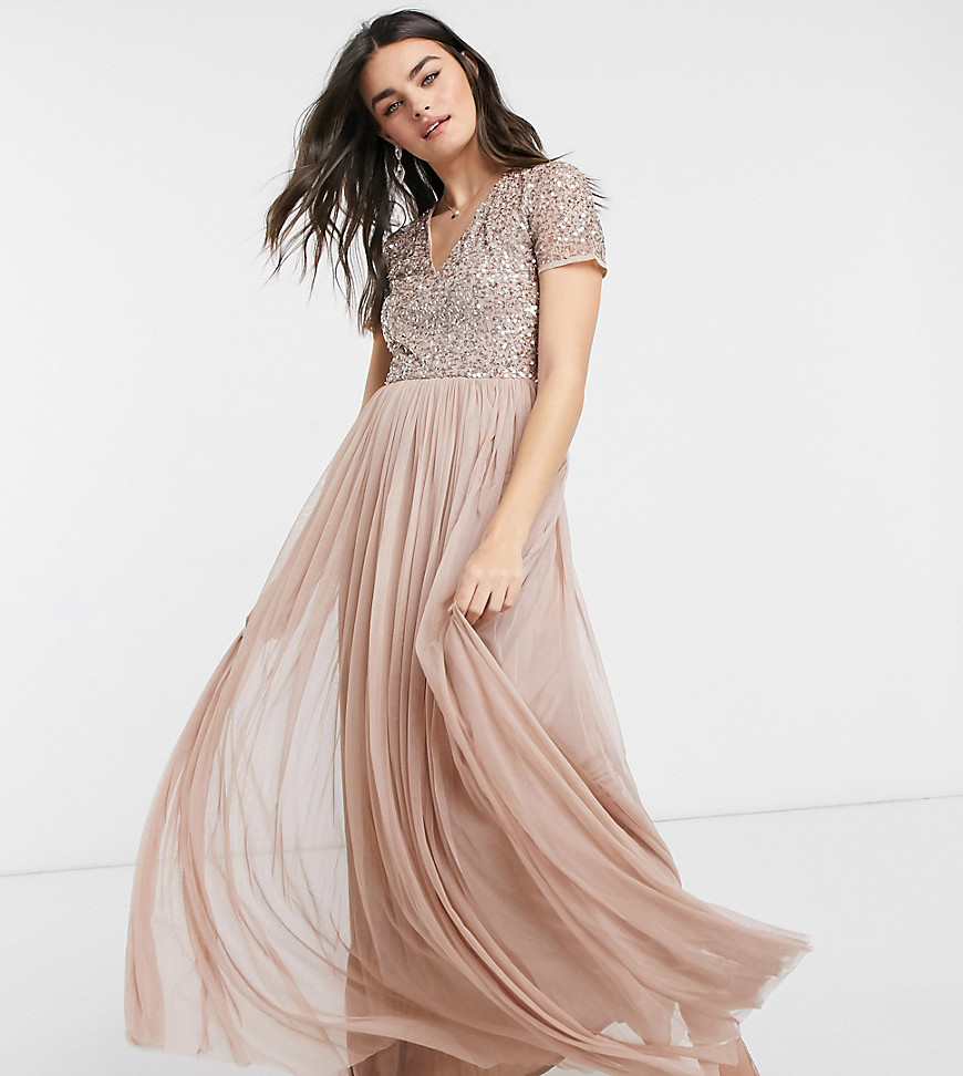 Maya Bridesmaid v neck maxi tulle dress with tonal delicate sequins in taupe blush