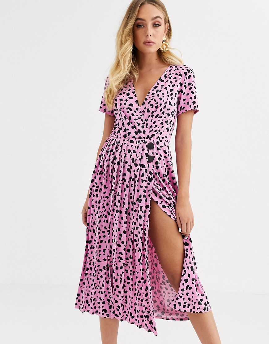 Asos Design Pleated Skirt Midi Dress With Button Detail In Animal Print-multi