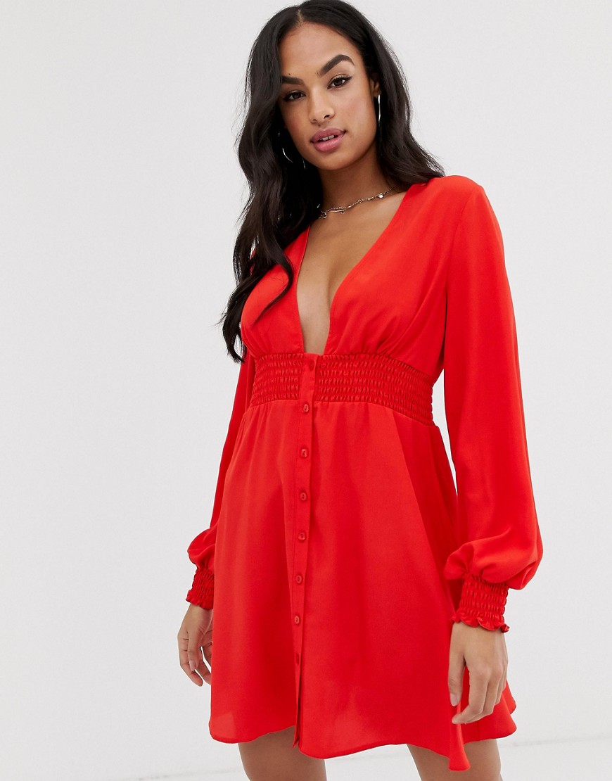 Asos Design Long Sleeve Button Through Mini Dress With Shirred Waist In Red