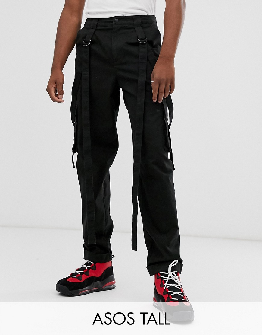 ASOS DESIGN Tall cargo trousers in black with strapping