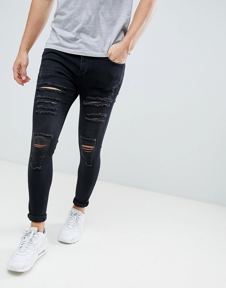 11 Degrees Super Skinny Jeans With Distressing - Black