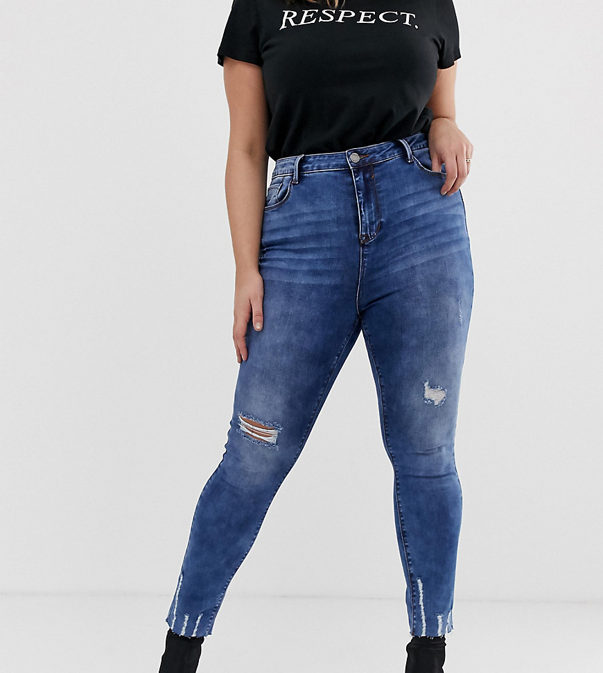 Simply Be Chloe skinny jean with chewed hem and distressing in mid blue