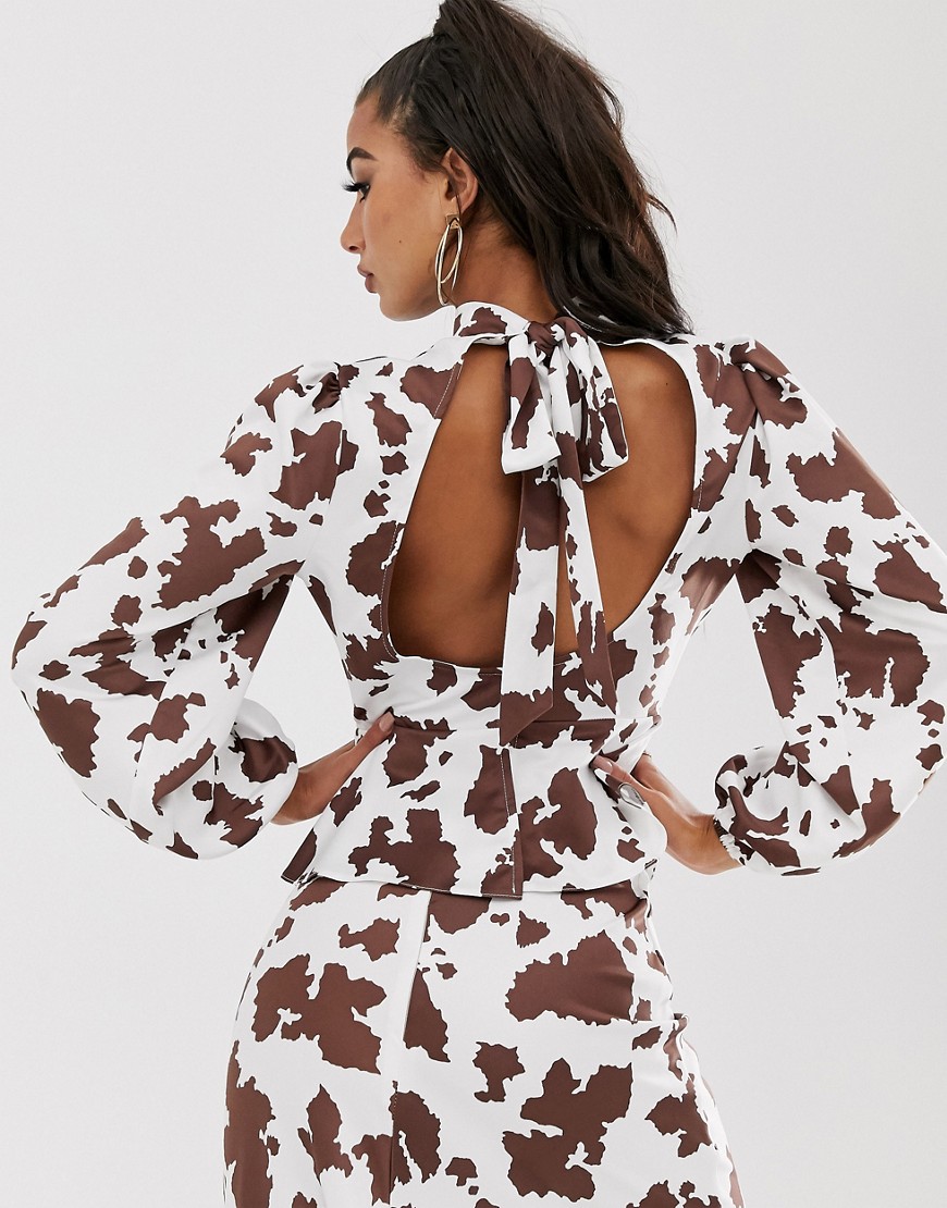 House Of Stars backless top in cow print with tie detail and cut out co-ord