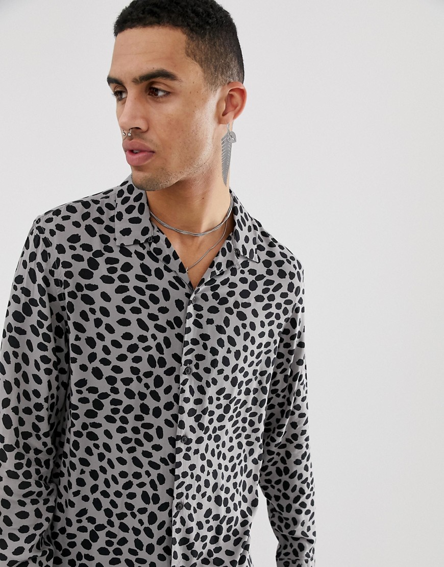 AllSaints Revere Collar Shirt In Beige With Cheetah Print