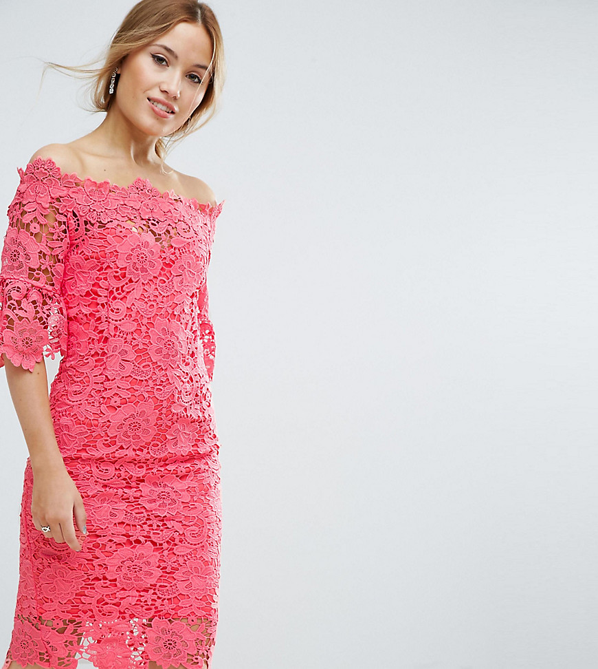Paper Dolls Petite off shoulder crochet midi dress with frill sleeve - Coral