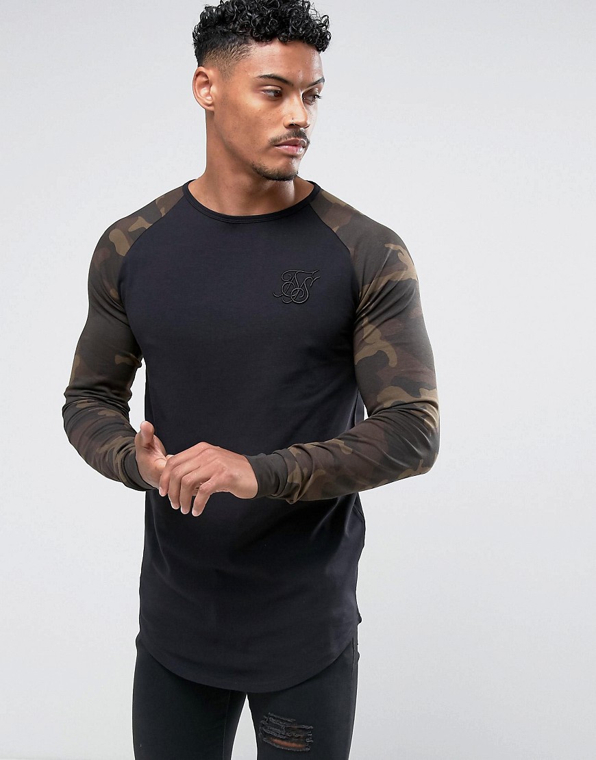 SikSilk Muscle Long Sleeve T-Shirt In Black With Camo Sleeves - Black